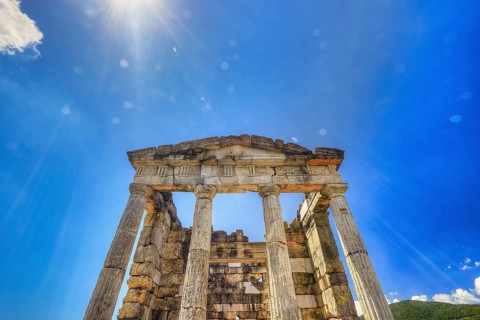 Saithidai Family Tomb Monument, Ruins of an Ancient Temple with Massive Columns in Sunlight,