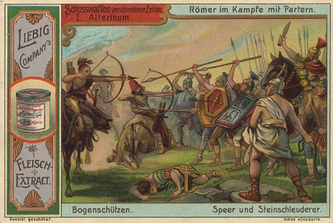 Series of pictures of firearms from different periods, battle between Roman legionaries and
