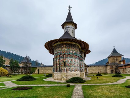 Moldavian monastery Sucevita with colorful wall paintings, UNESCO World Heritage Site, Moldova,