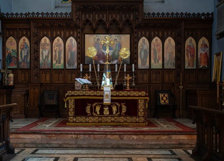 Interior view of choir room, altar, St Mary Aldermary Church, City of London, London, England,