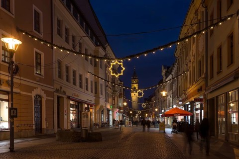 Christmas pedestrian zone in the evening, the Reichenturm in the back, Bautzen, Upper Lusatia,