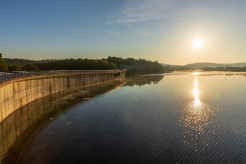 Sunrise with morning fog at the Pöhl Reservoir, Vogtland, Saxony, Germany