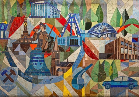Wall mosaic by Leo Janischowsky with urban landmark, central railway station light rail stop,