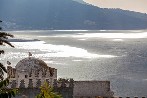 The mediterranean sea in a shiny afternoon seen from the San Antonio viewpoint, Hacho hill, Ceuta,
