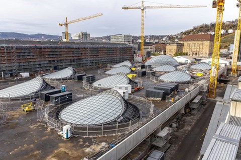 Stuttgart 21 construction site new main station with light eyes on the roof of the transit station