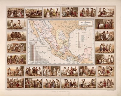 Ethnographic map of Mexico, tribes, indigenous people, local groups, around 1900, illustration,