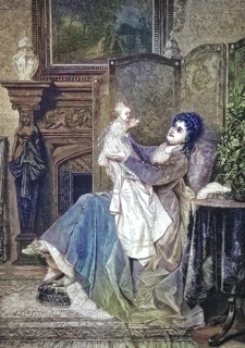 An elegantly dressed woman sits in an armchair and lovingly lifts her baby into the air. The