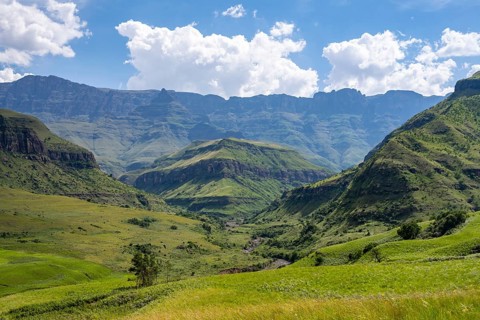 Mountainous landscape of the Cathedral Range, view of the Drakensberg Mountains, KwaZulu-Natal,