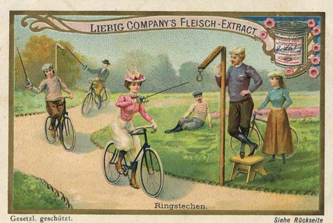 Cycling picture series, scene illustrating ring stabbing, a traditional equestrian sport, but