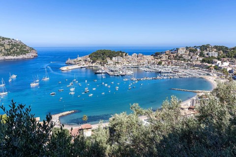 Port de Soller in Majorca from above Seaside Beach Marina with boats Trip in Spain