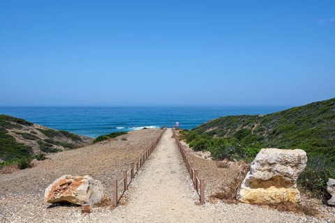 A narrow path runs along a cliff edge to the ocean, flanked by vegetation and blue skies, Rogil,