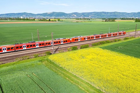 Aerial view of the Rhein-Neckar S-Bahn DB Regio class 425 train on the Mannheim—Heidelberg railway