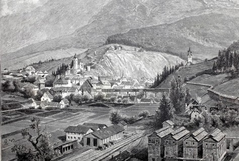 Historical view of the town of Eisenerz in Austria, 1890, in the background is the famous Styrian