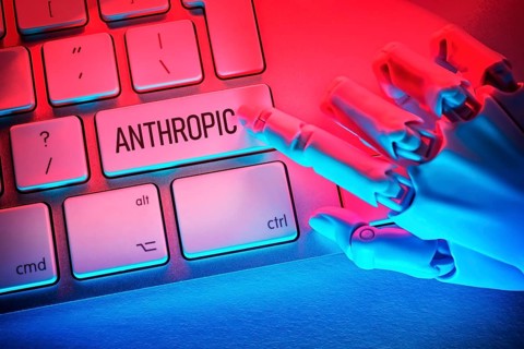 Robotic hand presses button with the inscription Anthropic on a computer keyboard, photo montage