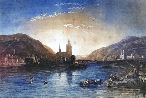 View of Bingen on the Rhine, illustration, reproduction from a 19th century model. Authentic, file