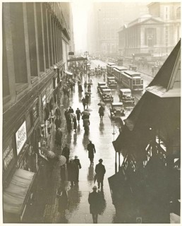 New York, 42nd Street, rain, traffic, streetcar, shops, department stores, Stern Brothers,