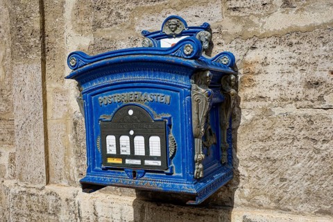 Historic mailbox at the town hall, post, letter post, market square, spa town, old town, Bad