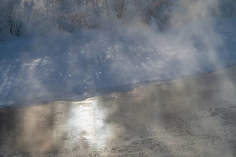 Fog and ice crystals over the river Glomma (Glåma), Alvdal, Hedmark, Innlandet, Norway, February