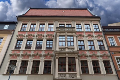 Decorative façade of a baroque town house from 1720, Bautzen, Upper Lusatia, Saxony, Germany