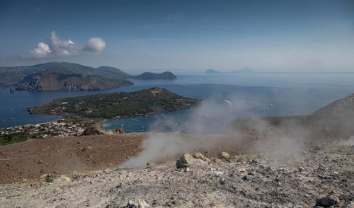 Sulfur vapors, crater rim, Vulcano, in the background Lipari, Panarea and Stromboli, Aeolian or