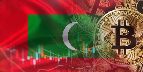 Bitcoin cryptocurrency with Maldivian flag. Investors in Blockchain Technology with Maldives flag