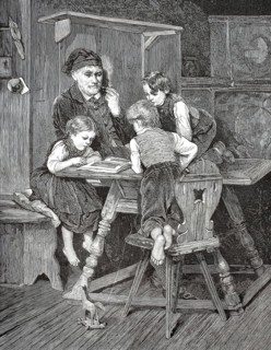 A grandfather sits at the table smoking, while three children look attentively and fascinatingly at
