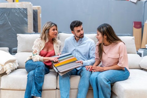 Three customers sitting on a sofa, discussing and choosing textile color and material swatches from