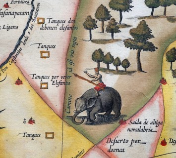 Old coloured map of Ceylon or Sri Lanka decorated with an elephant, by Jodocus Hondius from the