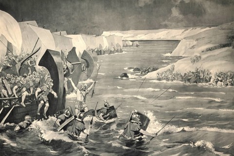 Caesar's landing with the Roman legions in Britain, Caesar, in 55 BC, school picture, illustration,