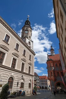 Old Town Hall Tower, Schönhof on the right, oldest Renaissance building in Görlitz, 1526, former