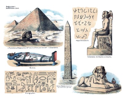 Sights of Ancient Egypt, the Pyramid of Cheops and the Great Sphinx of Giza as well as examples of