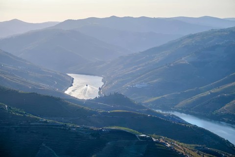 The drone view captures sunrise over the Douro Valley river corridor in Portugal. Vineyard hills