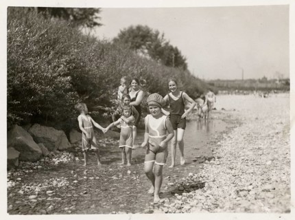 Bathing, swimwear, leisure, summer, swimming, stream, children playing in the shallow water of a
