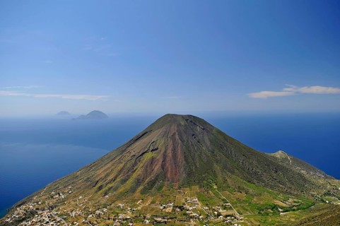 Volcanic cones on Salina, Filicudi and Alicudi in the background, Aeolian or Lipari Islands,