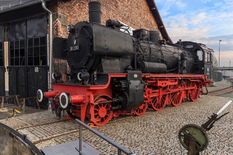 Passenger locomotive 38 2383 built in 1918, former depot, German Steam Locomotive Museum,