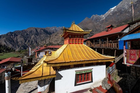 Buddhist monastery with gilded roof, Ripchet, Tsum Valley, Himalayas, Nepal