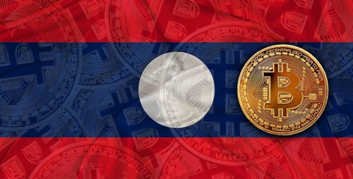 Investors in Blockchain Technology with Laos flag background. Bitcoin cryptocurrency with Laotian