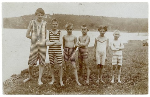 Bathing, swimwear, woman, children, leisure, fun, summer, Six children in bathing suits standing