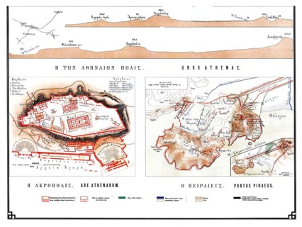 Historical map of ancient Athens from 1906, illustration comprising specific plans of H Acropolis