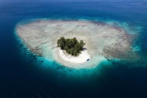 Aerial view of small tropical island with coral reef and turquoise water, Raja Ampat, West Papua,