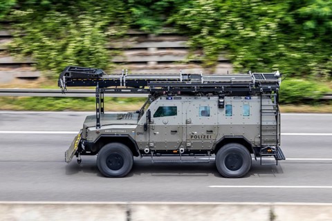 An HMV Survivor I on a call-out on the motorway. Shot from the rear. The HMV Survivor I is a
