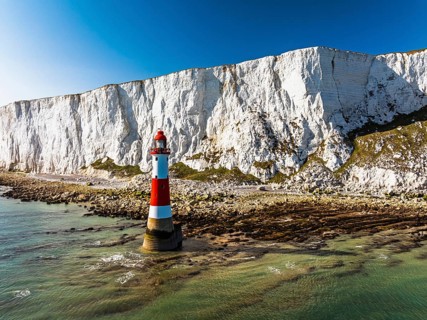 Beachy Head Lighthouse from a drone, Beachy Head Cliffs, English Channel, East Sussex, England,