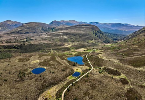 Drone photo of a highland landscape with little lakes in the Cairn Gorms National Parkm Braemar,