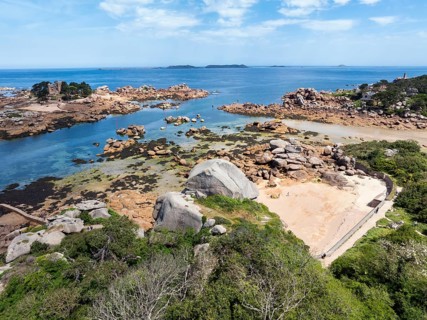 Aerial view of the picturesque coastal landscape on the Pink Granite Coast with the neo-Gothic