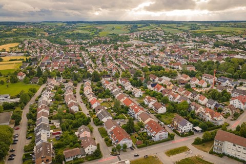 Extensive city view with many houses and green areas close together, Herrenberg, Böblingen