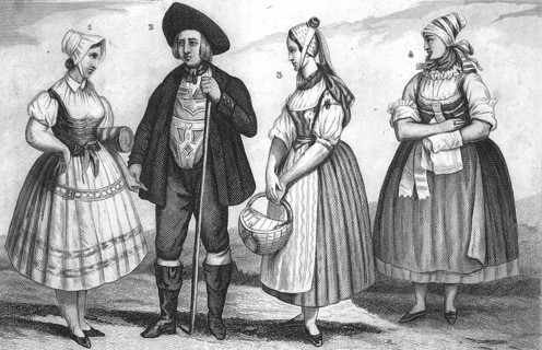 Traditional clothing styles and culture from the 19th century. Bavaria, Germany, farmers from