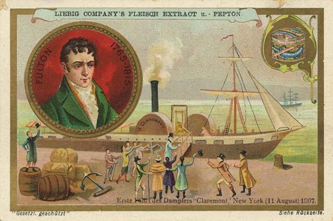 Picture series explorer, Robert Fulton, main scene shows the first successful voyage of his steamer
