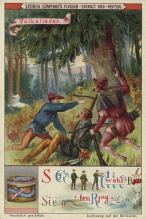 Picture series search game puzzle, rebus, folk songs, dramatic scene in the forest with men in