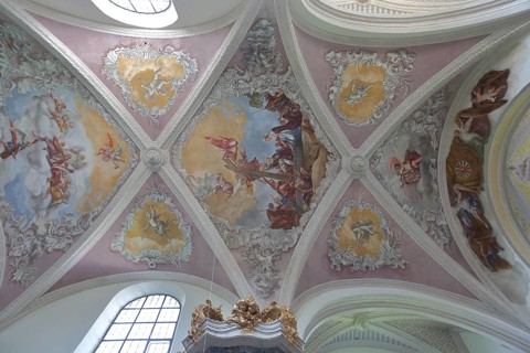 Frescoes on the ceiling, baroque painting, crucifixion of Jesus, interior view, handicrafts,