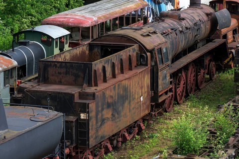 Rusted freight locomotive on the premises of the Bavarian Railway Museum in Nördlingen, Nördlingen,